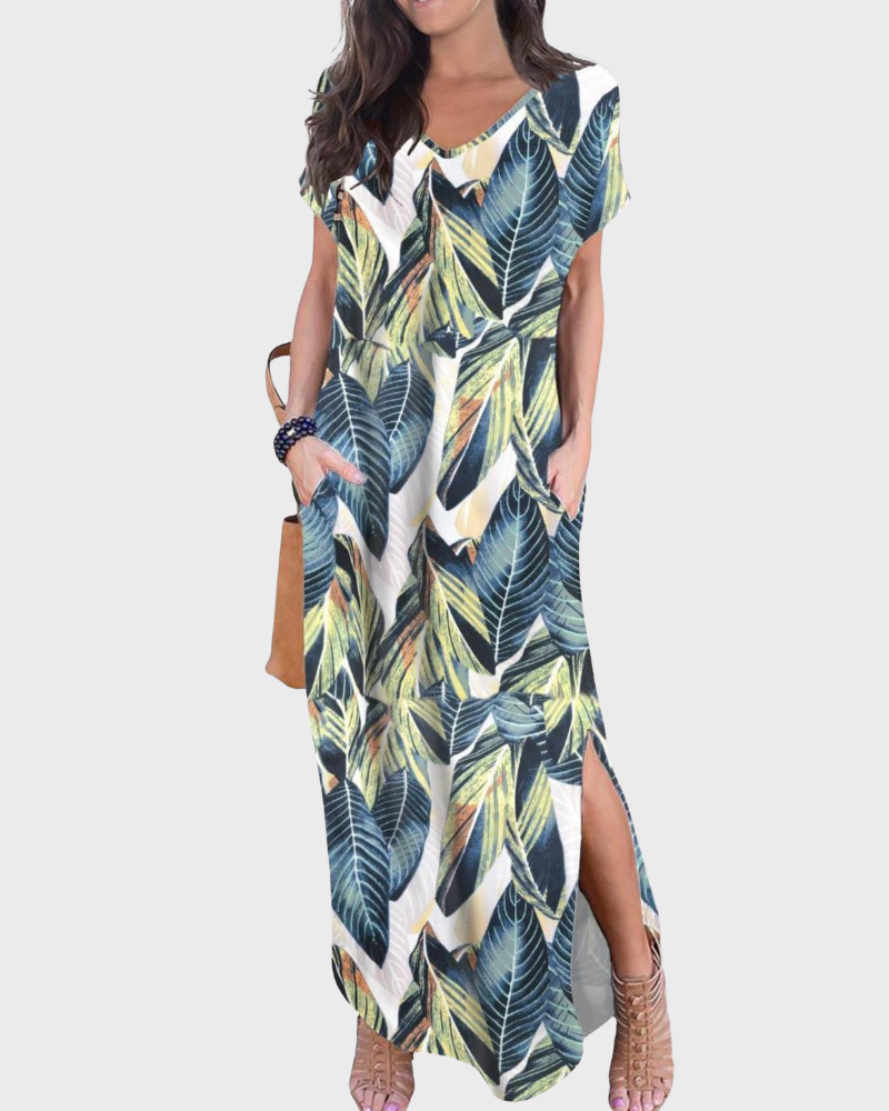 Rosenda Damen Maxikleid – V-Ausschnitt, Kurzarm, Fließender Schnitt & Schlitz mit Taschen Sommer