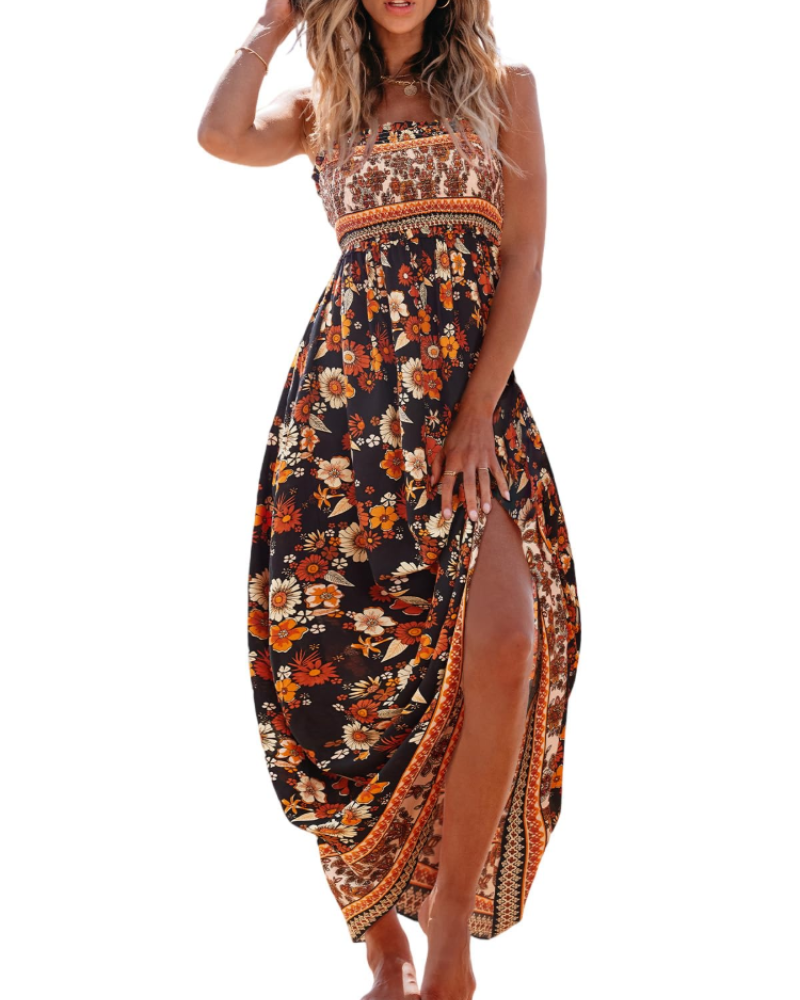 Jheda Abito Lungo Donna – Abito Maxi Floreale Arricciato Spalline Sottili Volant Boho Chic Estate
