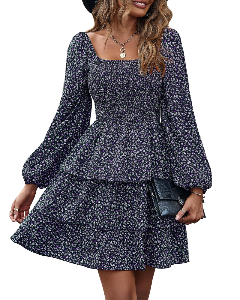 Léa Damesjurk – Boheemse Mini Jurk met Vierkante Hals, Smock Taille, Lange Mouwen en Volants