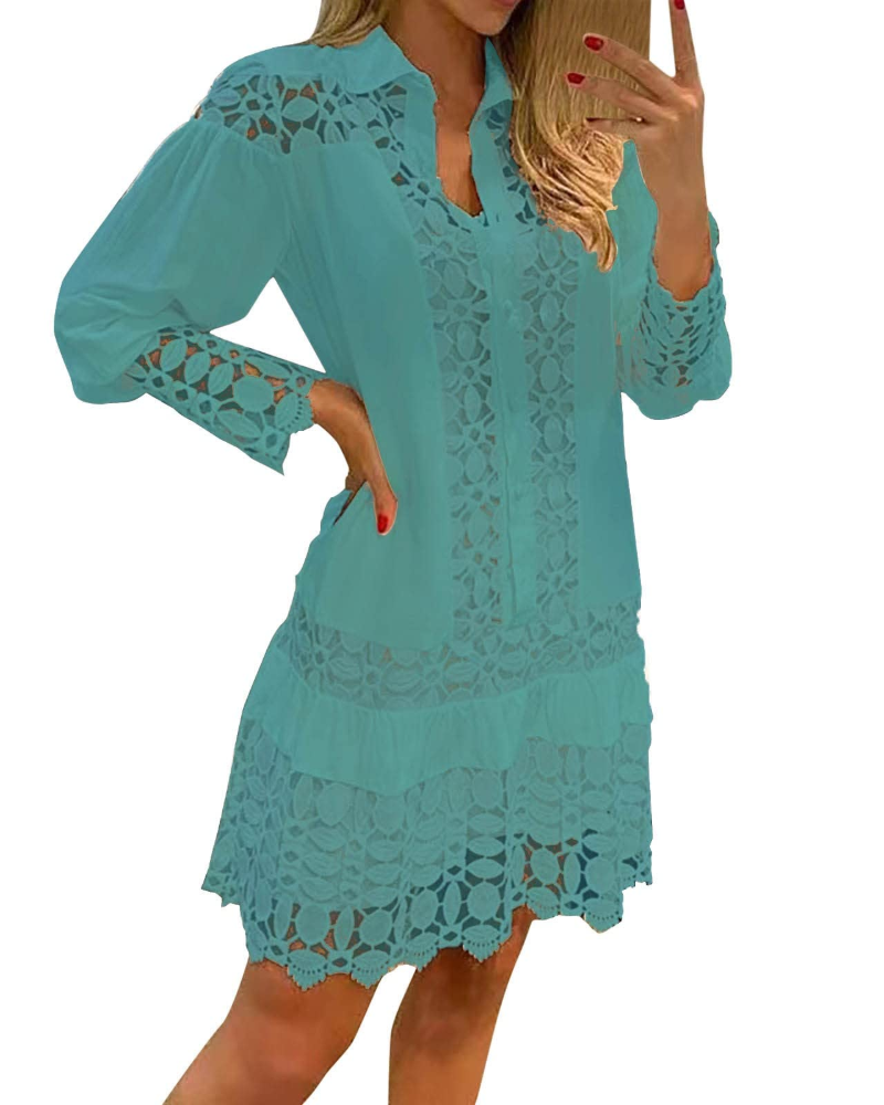 Laura Lang Kjole til Kvinder – Maxi Kjole med V-udskæring, Flæser, Jacquard Blonde, Lommer & Integreret Shorts