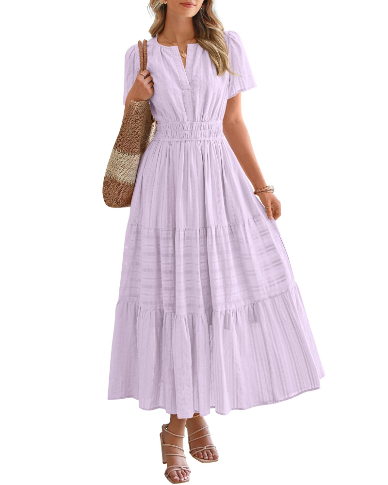 Eliza Women's Dress – Bohemian Maxi Dress with V-Neck, Short Sleeves, Elastic Waist, Flowing Fabric, Pockets