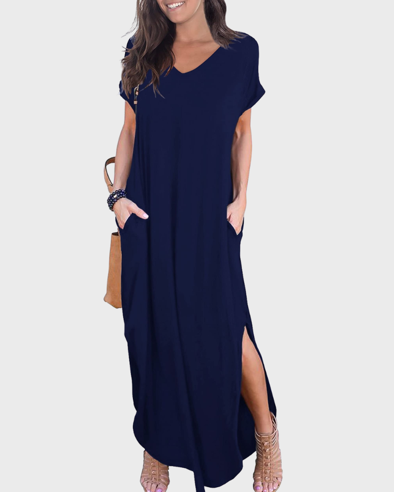 Rosenda Damen Maxikleid – V-Ausschnitt, Kurzarm, Fließender Schnitt & Schlitz mit Taschen Sommer