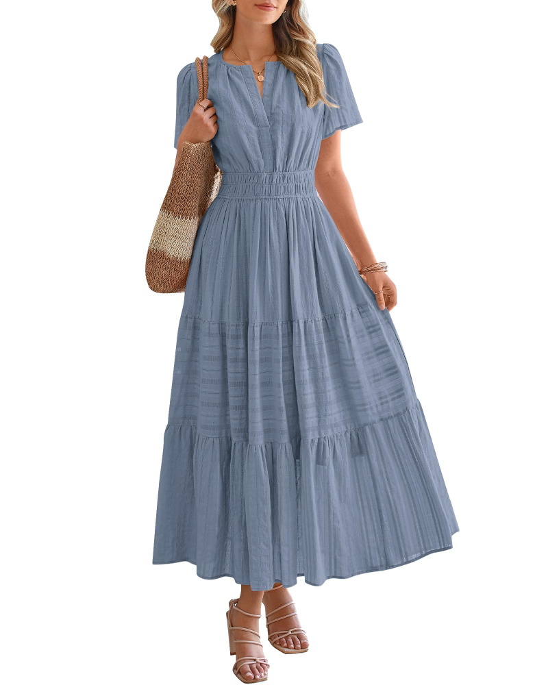 Eliza Women's Dress – Bohemian Maxi Dress with V-Neck, Short Sleeves, Elastic Waist, Flowing Fabric, Pockets