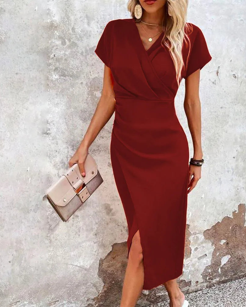 Alicia Midi Dress for Women – Wrap Dress with V-Neck, Fitted Cut with Slit & Stretch Comfort