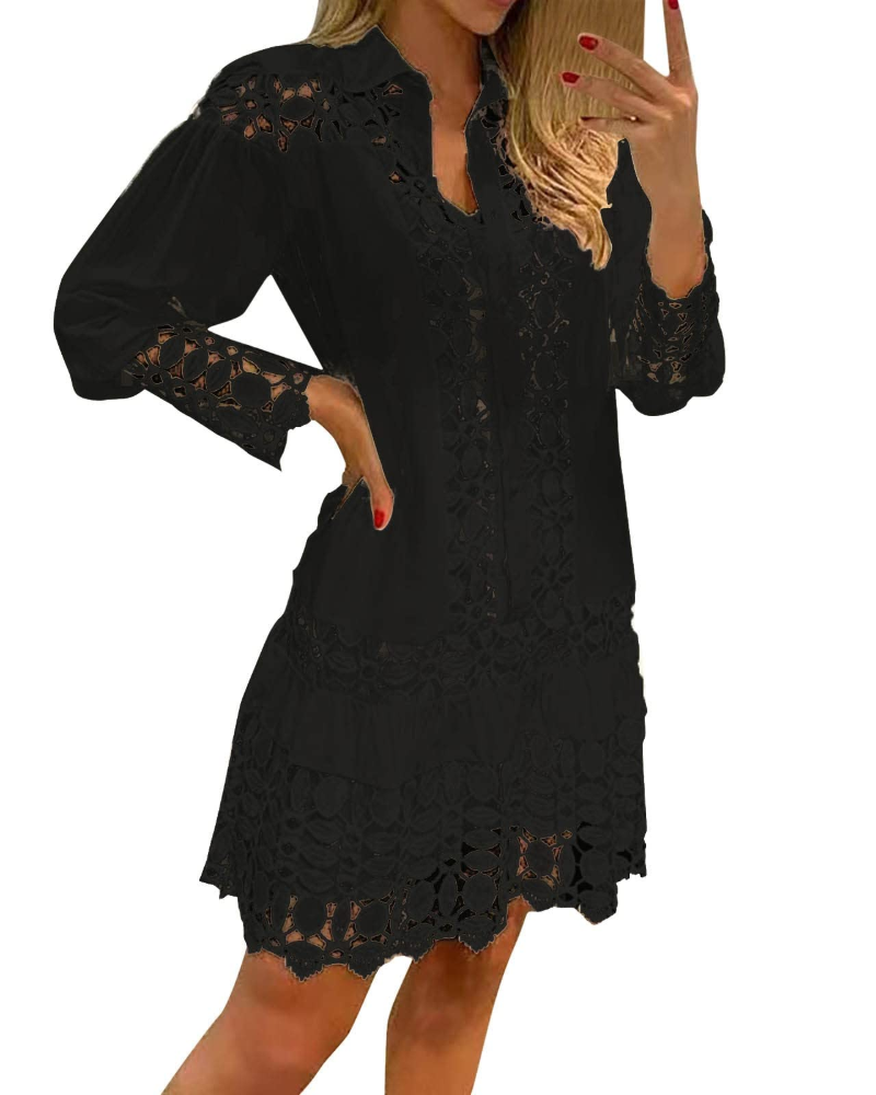 Laura Lang Kjole til Kvinder – Maxi Kjole med V-udskæring, Flæser, Jacquard Blonde, Lommer & Integreret Shorts