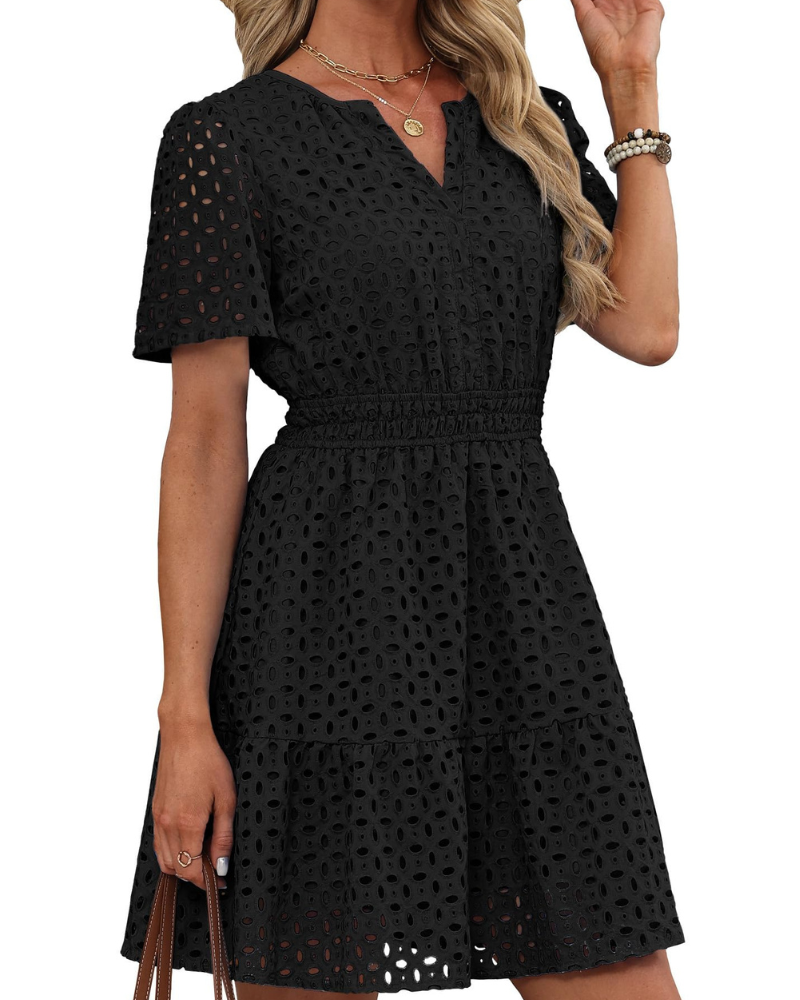 Robe Hedwig Mulher – Decote em V com Renda Bordada, Mangas Curtas & Corte Mini Cintura Alta Verão