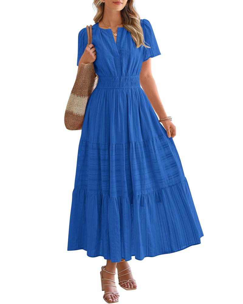 Eliza Women's Dress – Bohemian Maxi Dress with V-Neck, Short Sleeves, Elastic Waist, Flowing Fabric, Pockets