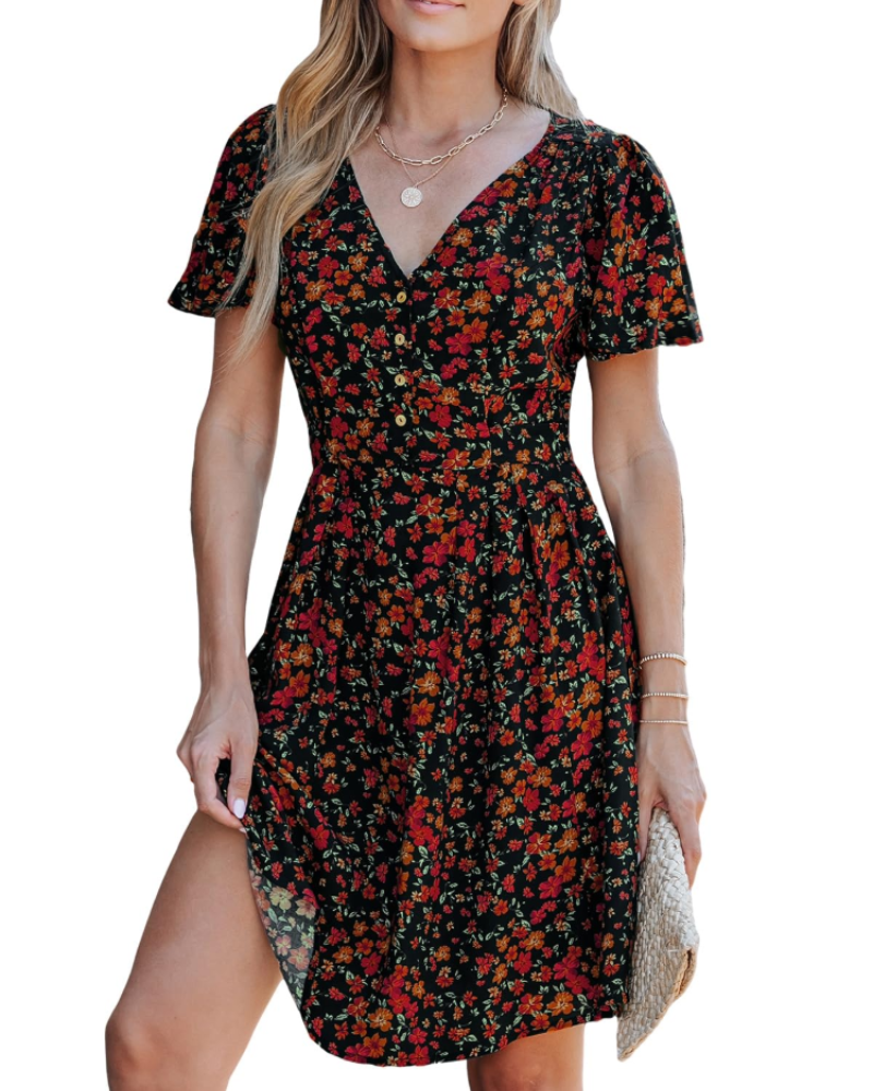 Della Robe Midi Donna – Abito Floreale con Scollo a V e Bottoni, Taglio A-Line e Cintura