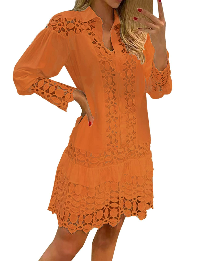 Laura Lang Kjole til Kvinder – Maxi Kjole med V-udskæring, Flæser, Jacquard Blonde, Lommer & Integreret Shorts