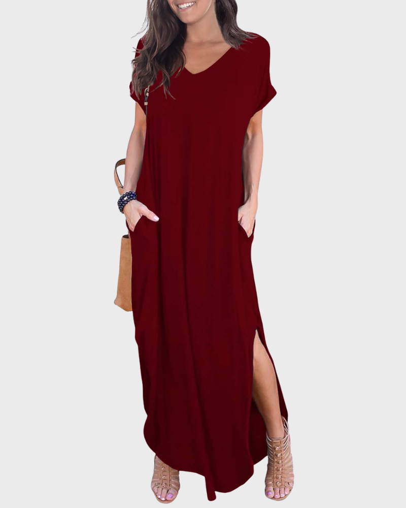 Rosenda Damen Maxikleid – V-Ausschnitt, Kurzarm, Fließender Schnitt & Schlitz mit Taschen Sommer