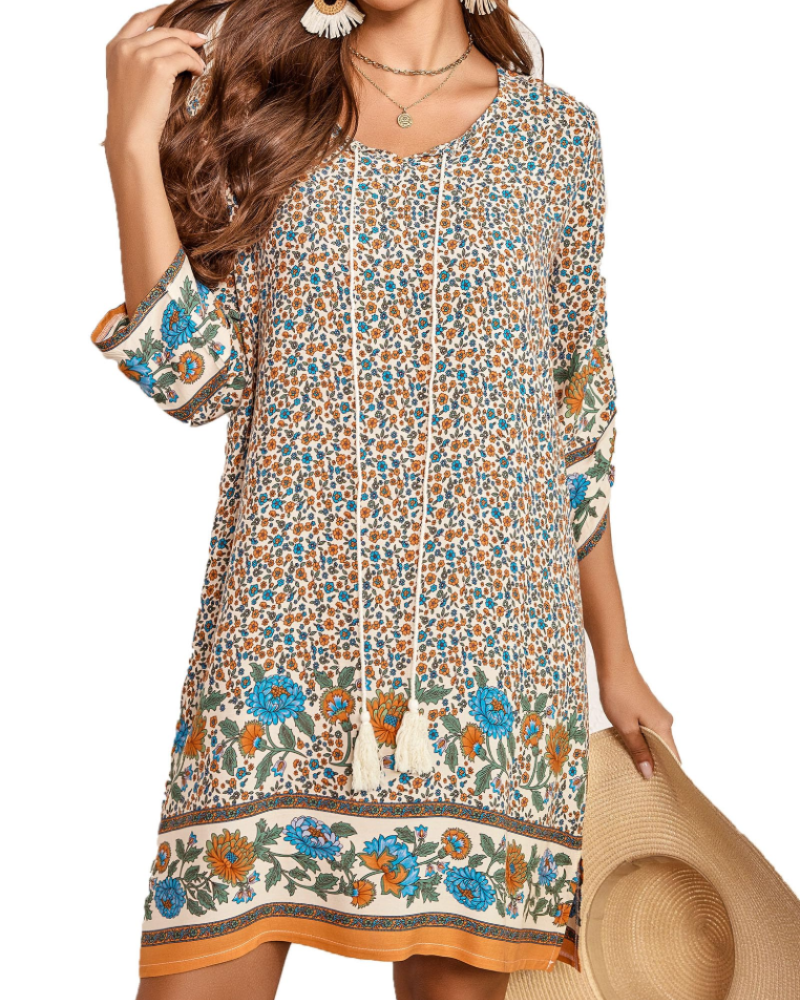Cella Robe Bohème Femme – сукня-туніка з квітковим принтом, V-подібний виріз, рукави 3/4 та вільний крій