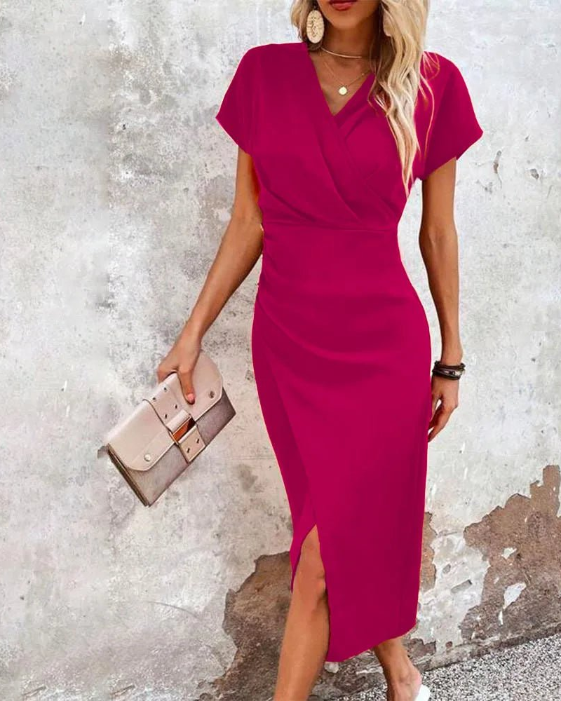 Alicia Midi Dress for Women – Wrap Dress with V-Neck, Fitted Cut with Slit & Stretch Comfort