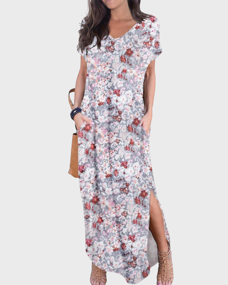 Rosenda Damen Maxikleid – V-Ausschnitt, Kurzarm, Fließender Schnitt & Schlitz mit Taschen Sommer