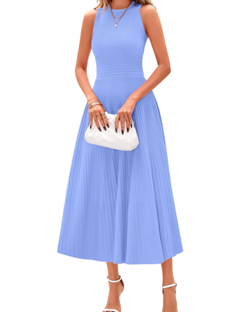 Blare Abito Donna – Abito Midi A-Line Plissettato Senza Maniche Vita Alta Elegante Ufficio