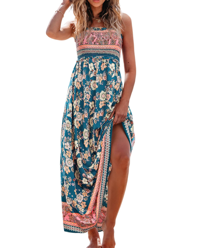 Jheda Abito Lungo Donna – Abito Maxi Floreale Arricciato Spalline Sottili Volant Boho Chic Estate