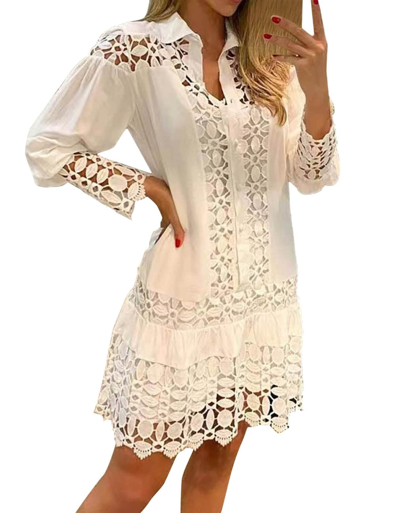 Laura Lang Kjole til Kvinder – Maxi Kjole med V-udskæring, Flæser, Jacquard Blonde, Lommer & Integreret Shorts