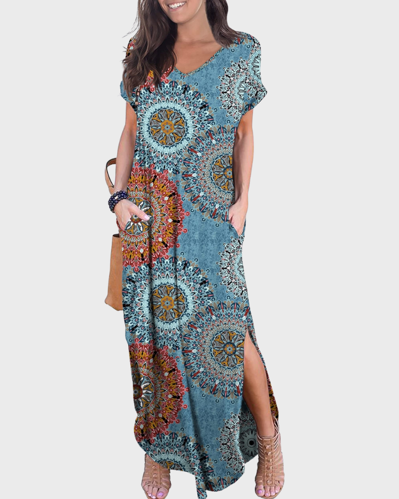 Rosenda Damen Maxikleid – V-Ausschnitt, Kurzarm, Fließender Schnitt & Schlitz mit Taschen Sommer