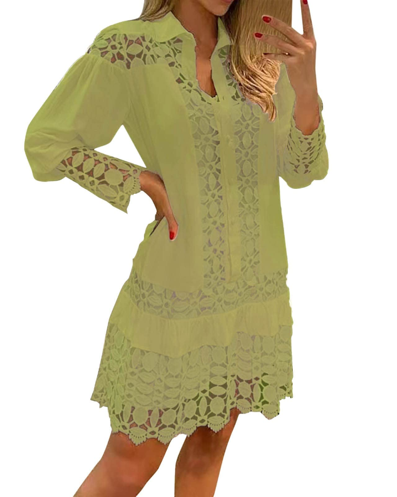 Laura Lang Kjole til Kvinder – Maxi Kjole med V-udskæring, Flæser, Jacquard Blonde, Lommer & Integreret Shorts