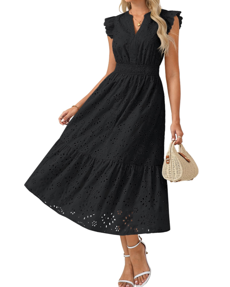 Vestido Midi Fella para Mulher – Vestido com Decote em V Henley, Mangas Bufantes e Cintura Fruncida