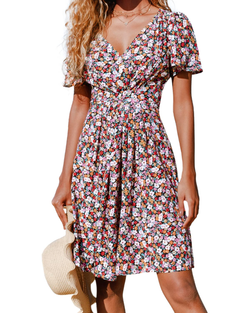 Della Robe Midi Donna – Abito Floreale con Scollo a V e Bottoni, Taglio A-Line e Cintura