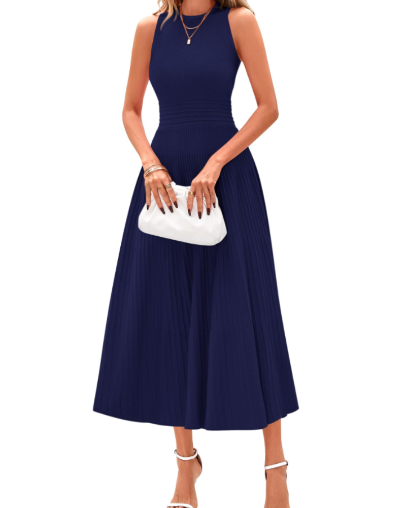 Blare Abito Donna – Abito Midi A-Line Plissettato Senza Maniche Vita Alta Elegante Ufficio