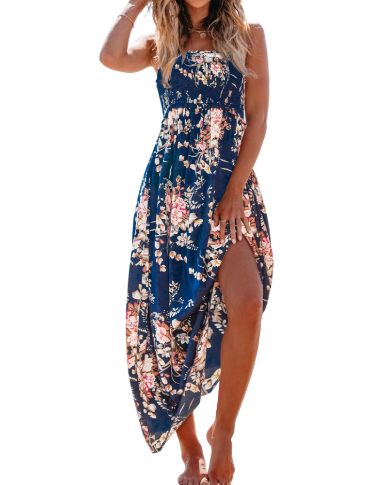 Jheda Abito Lungo Donna – Abito Maxi Floreale Arricciato Spalline Sottili Volant Boho Chic Estate