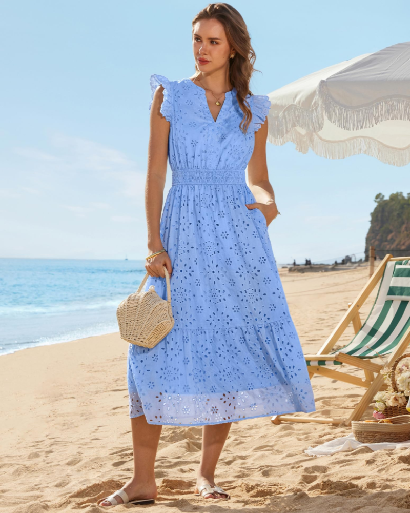 Сукня Fella Robe Midi для жінок – сукня з V-подібним вирізом Henley, рукави-волани та збірка на талії