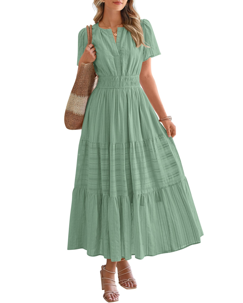 Eliza Women's Dress – Bohemian Maxi Dress with V-Neck, Short Sleeves, Elastic Waist, Flowing Fabric, Pockets