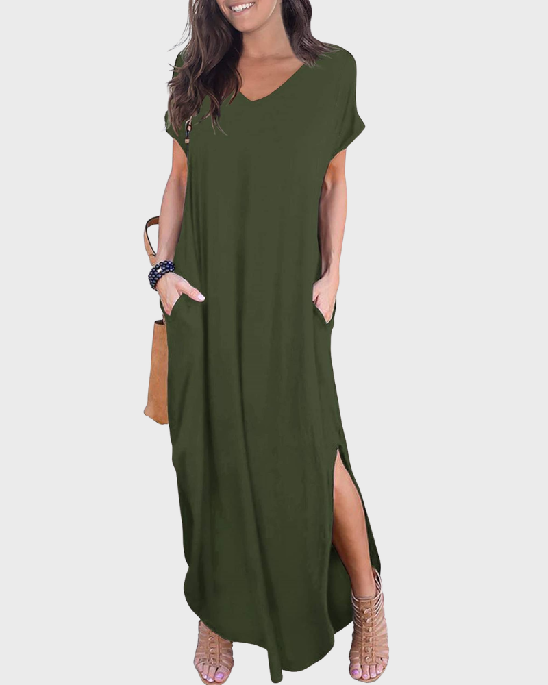 Rosenda Damen Maxikleid – V-Ausschnitt, Kurzarm, Fließender Schnitt & Schlitz mit Taschen Sommer