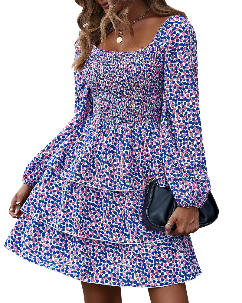 Léa Damesjurk – Boheemse Mini Jurk met Vierkante Hals, Smock Taille, Lange Mouwen en Volants