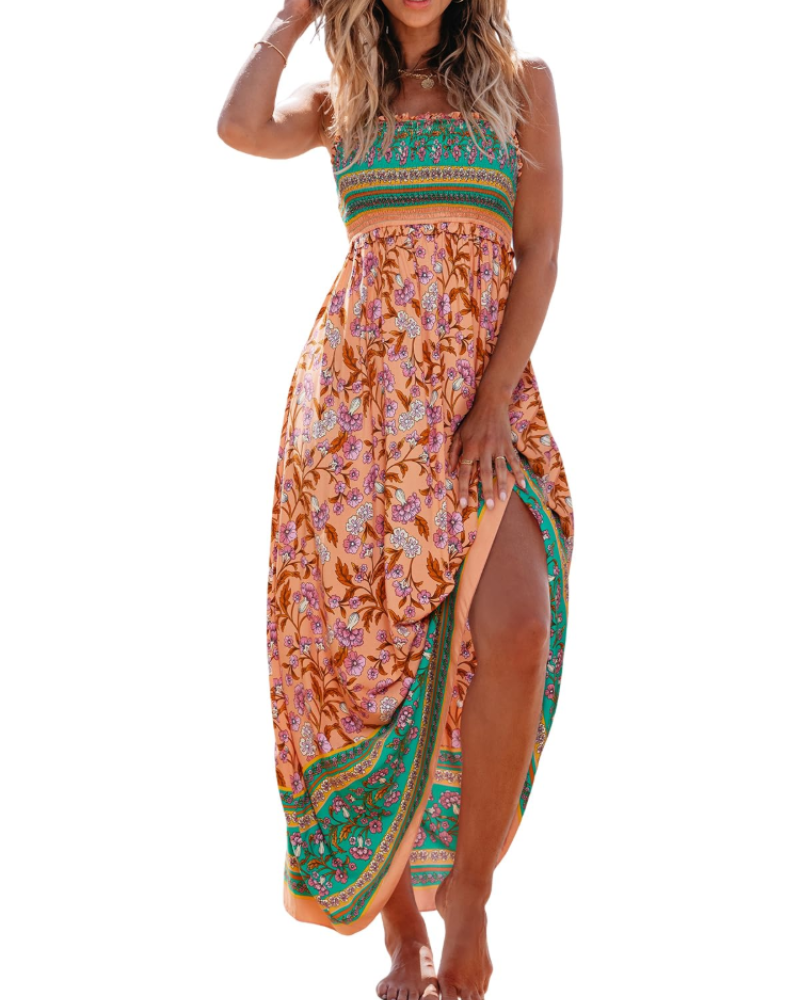 Jheda Abito Lungo Donna – Abito Maxi Floreale Arricciato Spalline Sottili Volant Boho Chic Estate
