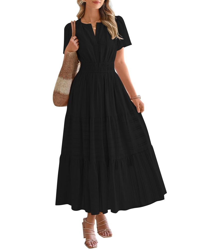 Eliza Women's Dress – Bohemian Maxi Dress with V-Neck, Short Sleeves, Elastic Waist, Flowing Fabric, Pockets