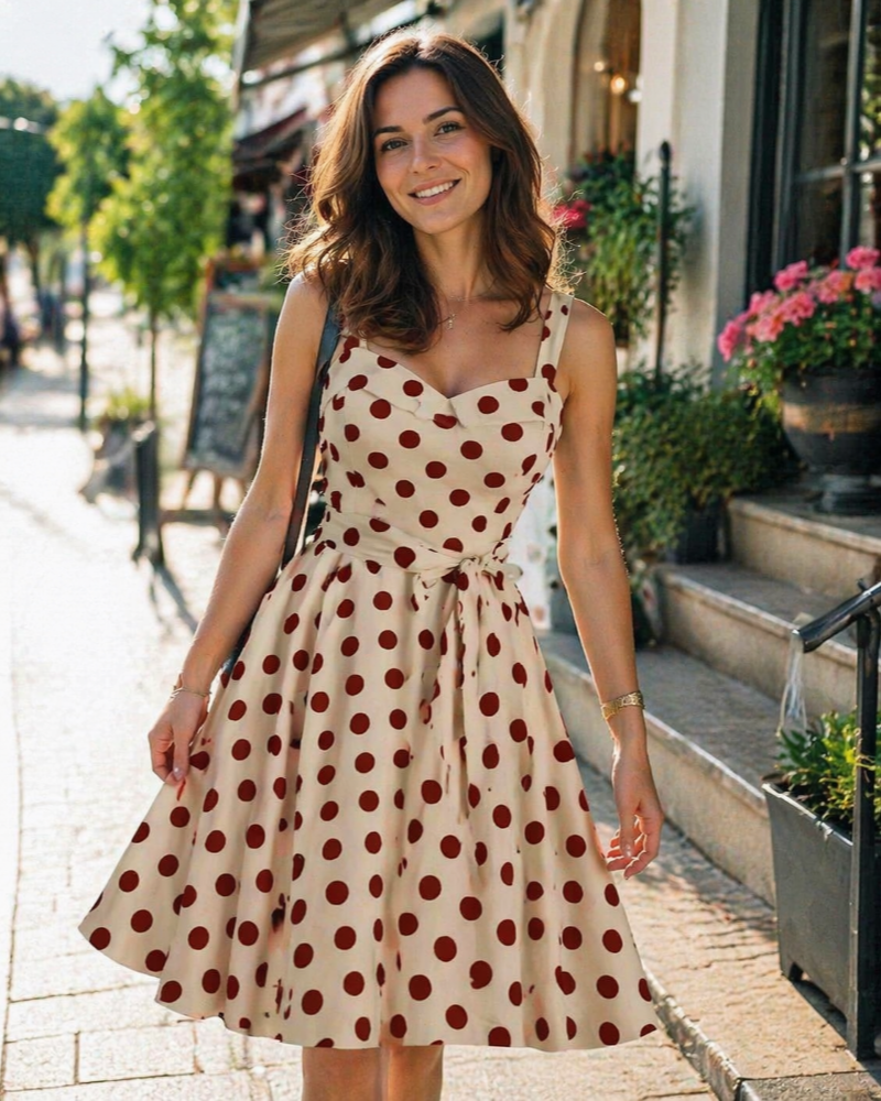 Сукня Rosie Robe Femme – вінтажна міді-сукня в горошок з V-подібним вирізом, без рукавів, з високою талією, у стилі рокабілі шик