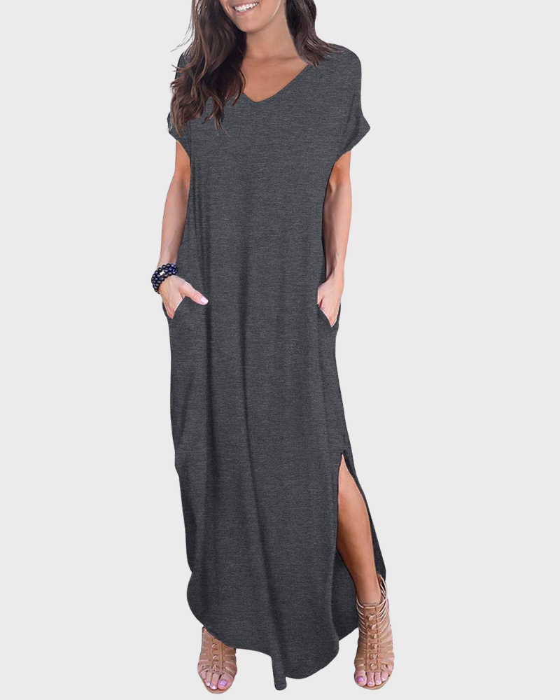 Rosenda Damen Maxikleid – V-Ausschnitt, Kurzarm, Fließender Schnitt & Schlitz mit Taschen Sommer