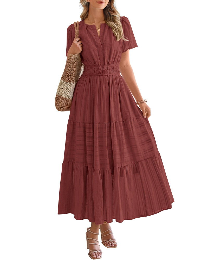 Eliza Women's Dress – Bohemian Maxi Dress with V-Neck, Short Sleeves, Elastic Waist, Flowing Fabric, Pockets