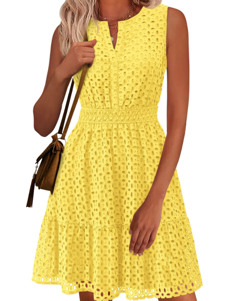 Clarisse Robe Femme – Robe Été A-Line Col V Sans Manches Broderie Anglaise Taille Élastique