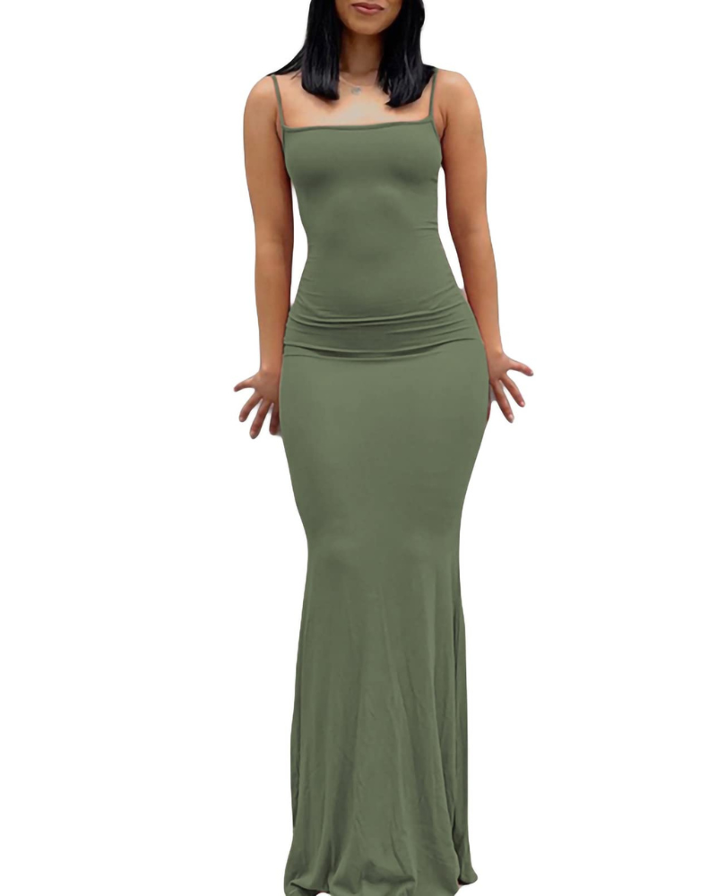 Aled Robe Femme – Bodycon Maxi Col V Bretelles Fines, Coupe Moulante Élégante Soirée
