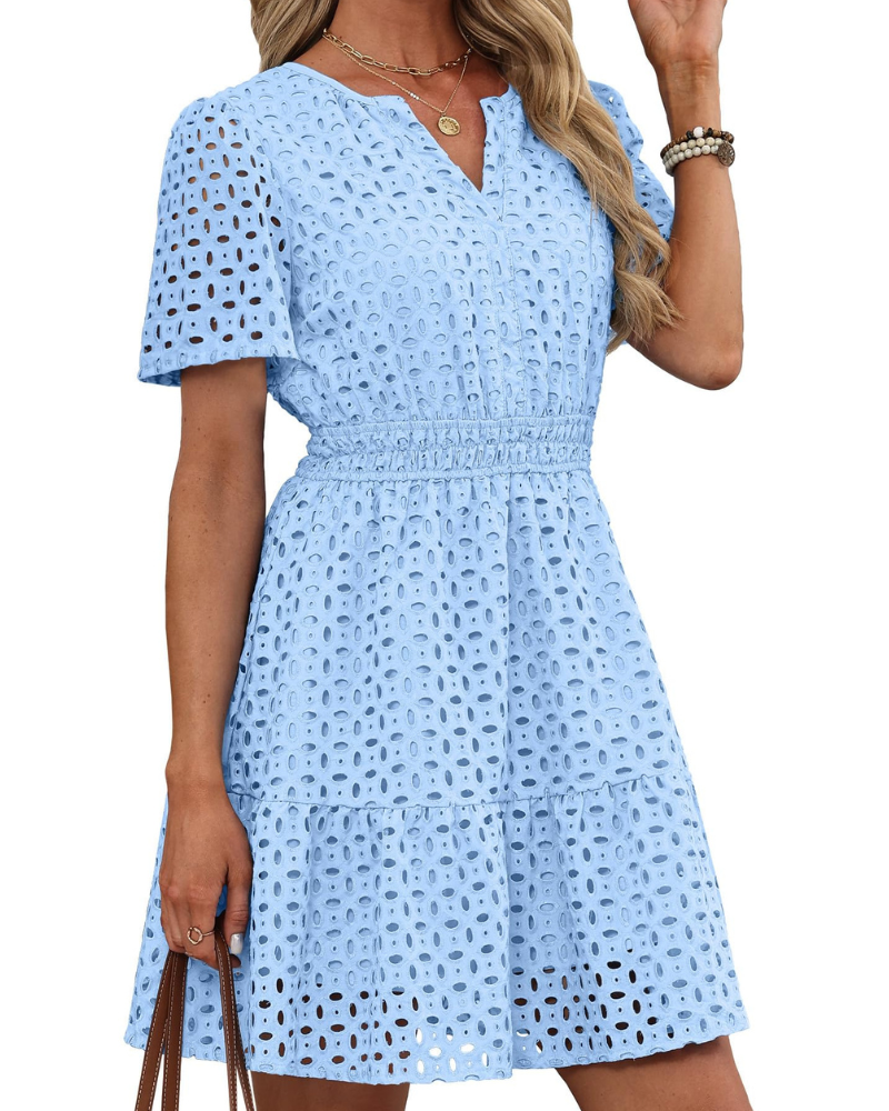 Robe Hedwig Mulher – Decote em V com Renda Bordada, Mangas Curtas & Corte Mini Cintura Alta Verão