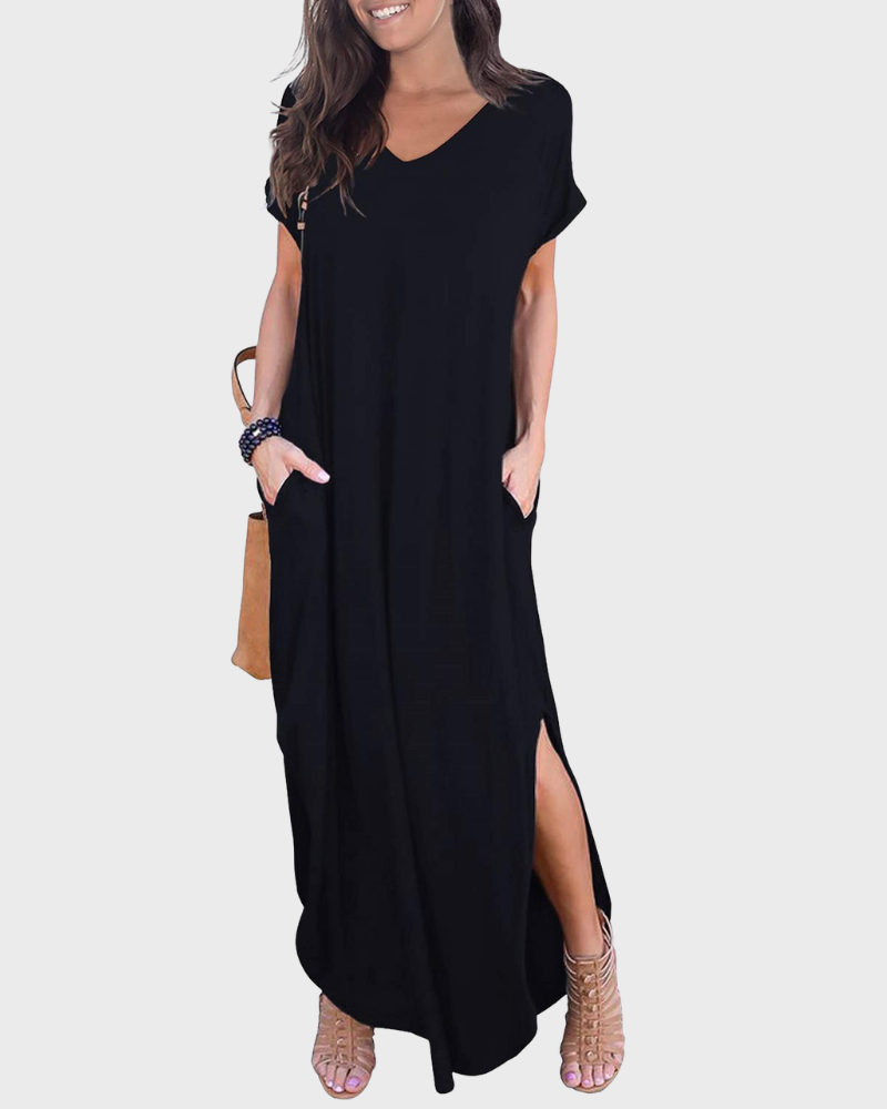 Rosenda Damen Maxikleid – V-Ausschnitt, Kurzarm, Fließender Schnitt & Schlitz mit Taschen Sommer