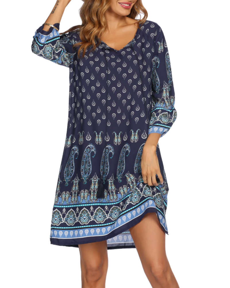 Cella Robe Bohème Femme – сукня-туніка з квітковим принтом, V-подібний виріз, рукави 3/4 та вільний крій