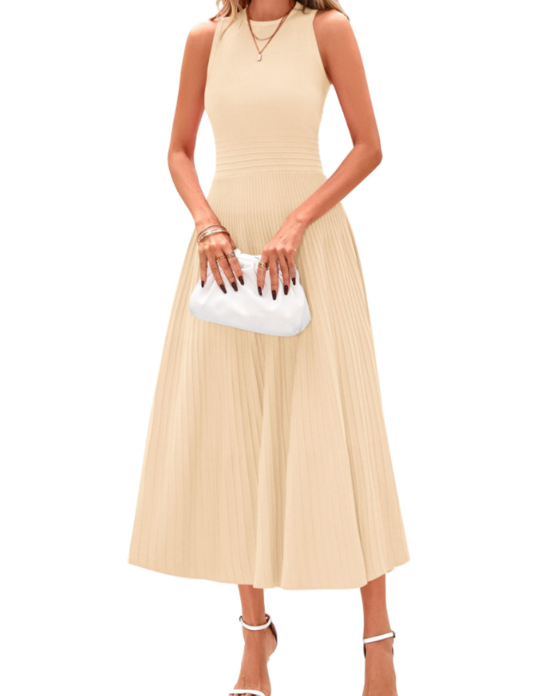 Blare Abito Donna – Abito Midi A-Line Plissettato Senza Maniche Vita Alta Elegante Ufficio