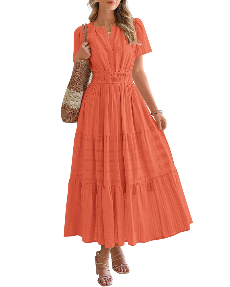 Eliza Women's Dress – Bohemian Maxi Dress with V-Neck, Short Sleeves, Elastic Waist, Flowing Fabric, Pockets