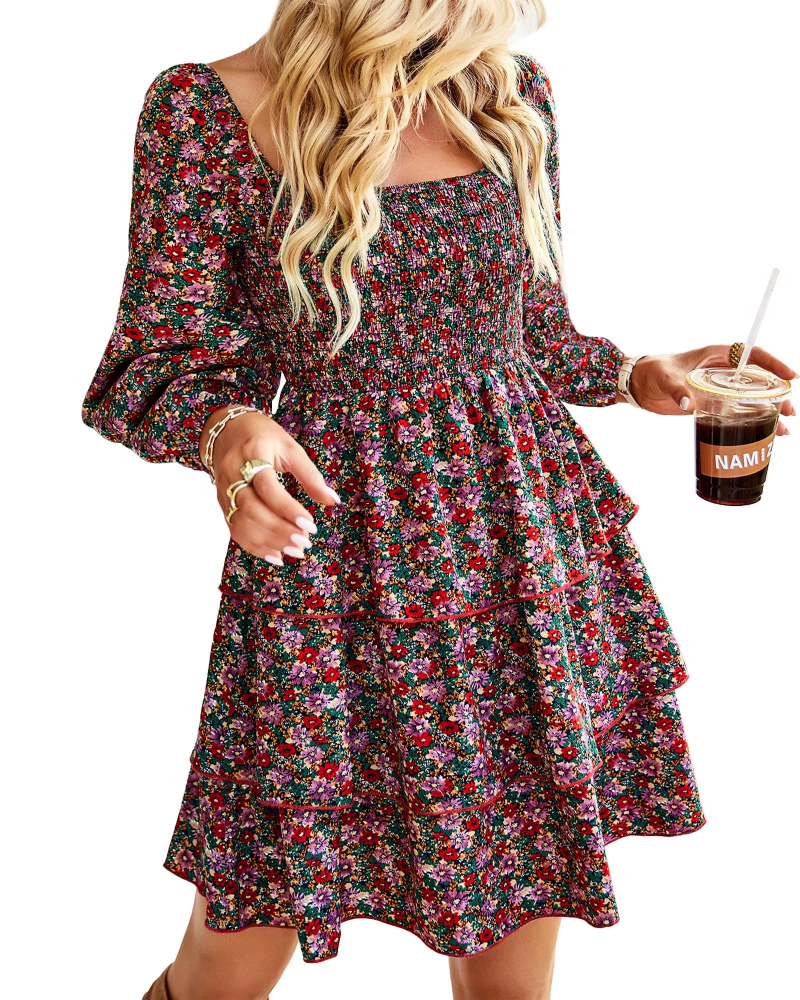 Léa Damesjurk – Boheemse Mini Jurk met Vierkante Hals, Smock Taille, Lange Mouwen en Volants