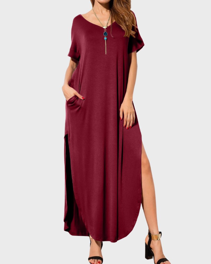 Rosenda Damen Maxikleid – V-Ausschnitt, Kurzarm, Fließender Schnitt & Schlitz mit Taschen Sommer