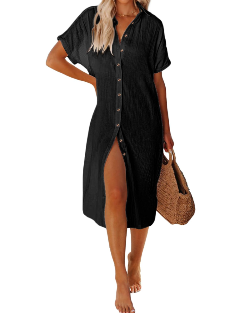 Weng Robe Praia Mulher – Túnica de Algodão com Decote em V e Botões, Corte Longo e Respirável