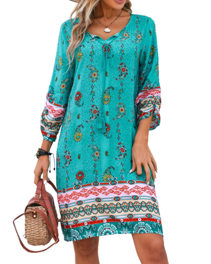Cella Robe Bohème Femme – сукня-туніка з квітковим принтом, V-подібний виріз, рукави 3/4 та вільний крій