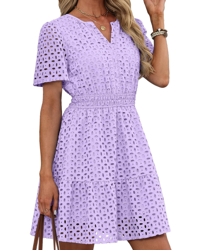 Robe Hedwig Mulher – Decote em V com Renda Bordada, Mangas Curtas & Corte Mini Cintura Alta Verão