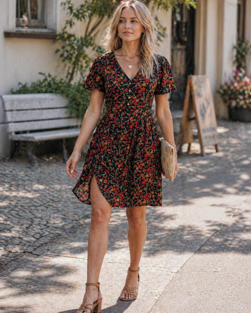 Della Robe Midi Donna – Abito Floreale con Scollo a V e Bottoni, Taglio A-Line e Cintura