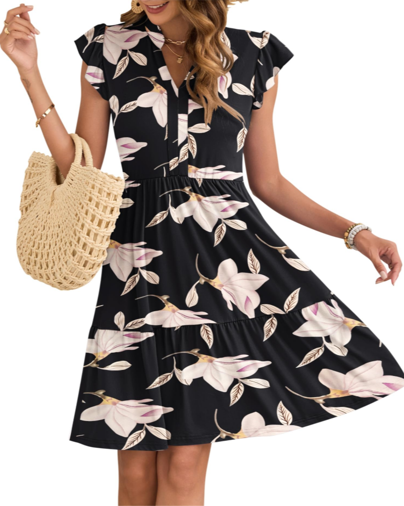 Eula Robe Femme – Col V, Manches Volants & Taille Élastique avec Poches Mini Été
