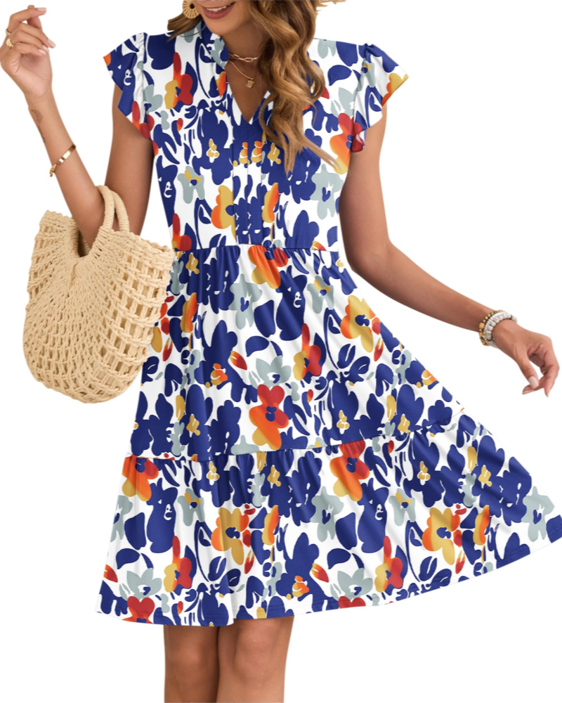 Eula Robe Femme – Col V, Manches Volants & Taille Élastique avec Poches Mini Été